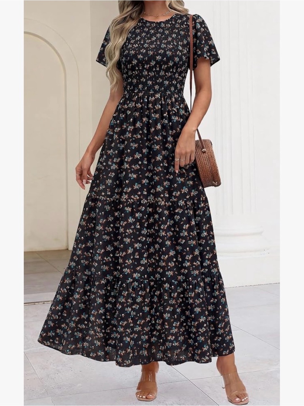 Casual Flutter Short Sleeve Boho Floral Maxi Dress Crew Neck Smocked Tiered Long